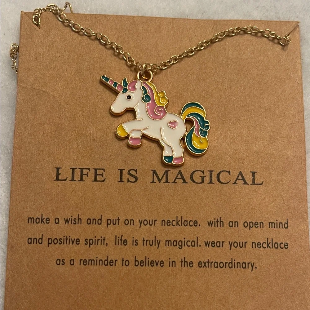 Colorful Magical Unicorn Pendant Necklace nwt with extender, gold tone
